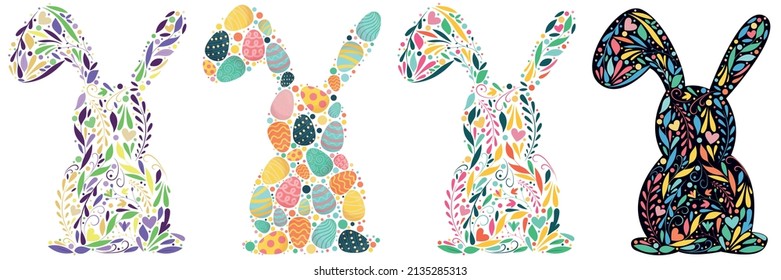 set of easter bunny silhouettes filled with easter eggs and colored confetti circles, patterns, flowers, swirls, leaves, cute vector illustration for a card, invitation, souvenir on a white background