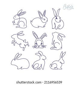 Set of Easter bunny in simple one line style. Rabbit icon. Continuous line drawing of easter rabbit black and white minimalist hand drawn vector illustration. Isolated on white background.