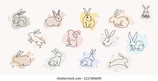 Set of Easter bunny in simple one line style. Colored Rabbit icon. Continuous line drawing of easter rabbit black and white minimalist hand drawn vector illustration. Isolated on white background. - Shutterstock ID 2117606690