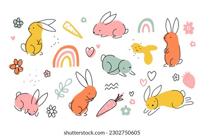 Set of Easter bunny in simple one line style. Colored Rabbit icon. line drawing of easter rabbit black and white minimalist hand drawn vector illustration. Isolated on white background.