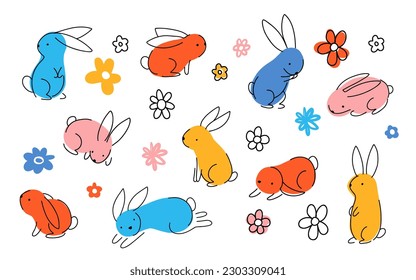 Set of Easter bunny in simple one line style. Colored Rabbit icon. line drawing of easter rabbit black and white minimalist hand drawn vector illustration. Isolated on white background.