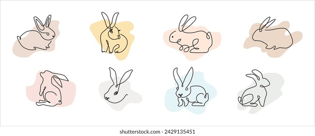 Set of Easter bunny in simple one line style. Colored Rabbit icon. Continuous line drawing of easter rabbit black and white minimalist hand drawn vector illustration. Isolated on white background.