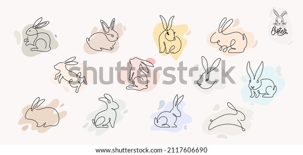 Set of Easter bunny in simple one line style.\
Colored Rabbit icon. Continuous line drawing of easter rabbit black\
and white minimalist hand drawn vector illustration. Isolated on\
white background.
