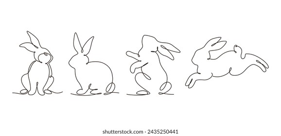 Set of Easter bunny in single continuous one line style. Hand drawn cute silhouette rabbit vector illustration. Design for greeting card, label, poster