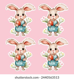 Set of easter bunny stickers. Ready made stickers for easter home decor, gift wrapping, children's game, egg hunting prize 