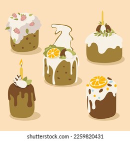 A set of Easter buns, eggs, flowers, candles with decor on a delicate background. Use for banners, picture postcards, stickers, flyers, flyers. Easter palette. Delicate shades cute vector illustration