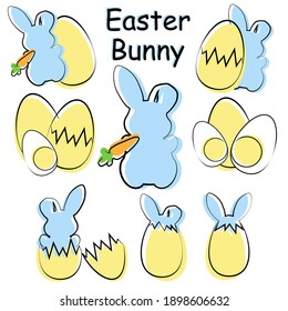 Set for Easter by the holiday. Rabbit in an egg, vector drawing.