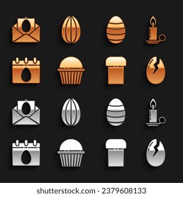 Set Easter cake, Burning candle in candlestick, Broken egg, Calendar with, Greeting card Happy and  icon. Vector