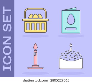 Set Easter cake and candle, Basket with easter eggs, Burning candle in candlestick and Greeting card with Happy Easter icon. Vector
