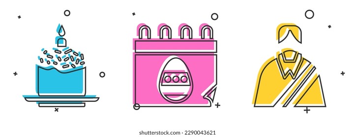 Set Easter cake and candle, Calendar with Easter egg and Jesus Christ icon. Vector