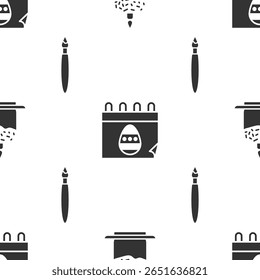 Set Easter cake and candle, Calendar with Easter egg and Paint brush on seamless pattern. Vector