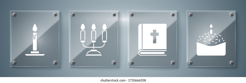 Set Easter cake and candle, Holy bible book, Candelabrum with candlesticks and Burning candle in candlestick. Square glass panels. Vector