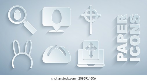 Set Easter cake, Christian cross, Mask with long bunny ears, Cross the laptop screen, Speech bubble easter egg and Search and icon. Vector