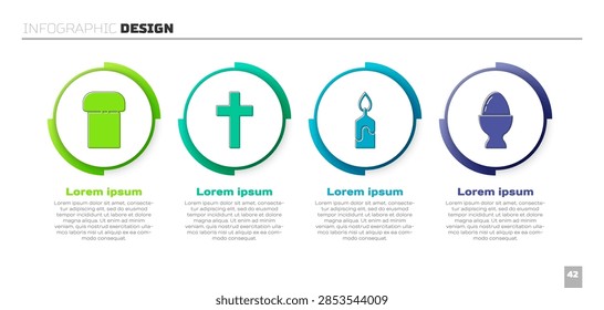 Set Easter cake, Christian cross, Burning candle and Easter egg on a stand. Business infographic template. Vector