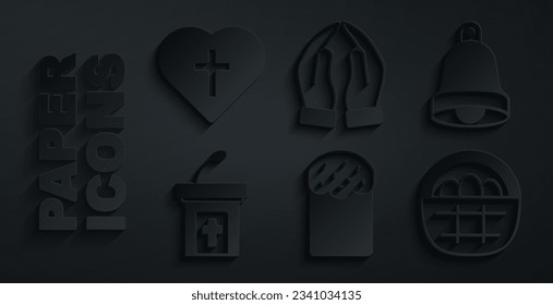 Set Easter cake, Church bell, sermon tribune, Basket with easter eggs, Hands in praying position and Christian cross heart icon. Vector