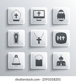 Set Easter cake, Church building, Christian cross, on chain, bell, Coffin, Pope hat and egg icon. Vector