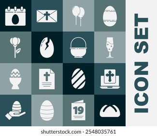 Set Easter cake, Cross on the laptop screen, Wine glass, Balloons with ribbon, Broken egg, Flower tulip, Calendar and Basket icon. Vector