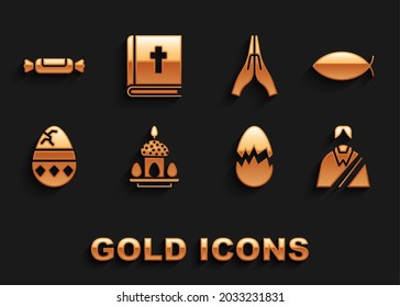 Set Easter cake and eggs, Christian fish, Jesus, Broken, Cracked, Hands in praying position, Candy and Holy bible book icon. Vector