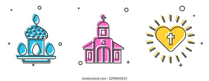 Set Easter cake and eggs, Church building and Christian cross and heart icon. Vector