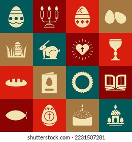 Set Easter cake and eggs, Holy bible book, Wine glass, Cracked, rabbit,  and Christian cross heart icon. Vector
