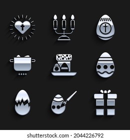 Set Easter cake and eggs, paint brush, Gift box, Broken, Egg hot pot,  and Christian cross heart icon. Vector