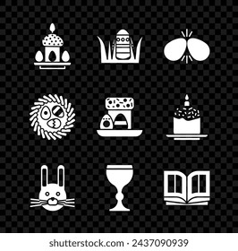 Set Easter cake and eggs, rabbit, Wine glass, Holy bible book, wicker nest and  icon. Vector