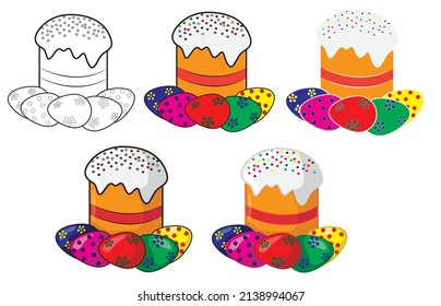 Set of Easter cake and eggs. Vector drawing.