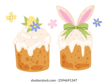 Set Easter cake. Holiday pastry with cream decorated bow, bunny ears, with eggs, spring flowers. Christian spring holiday.