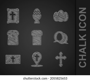Set Easter cake, Map pointer with christian cross, Christian, Speech bubble easter egg, Greeting card Happy, eggs and Holy bible book icon. Vector