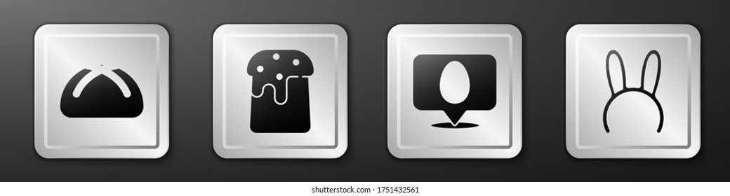 Set Easter cake, Easter cake, Speech bubble with easter egg and Mask with long bunny ears icon. Silver square button. Vector