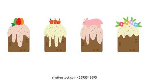 set of easter cakes, bunny, flower, carrots, eggs. 