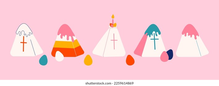 Set of Easter cakes with catholic crosses vector illustration. Pressed cottage cheese dessert and painted eggs. Hand drawn clip art elements isolated on pink
