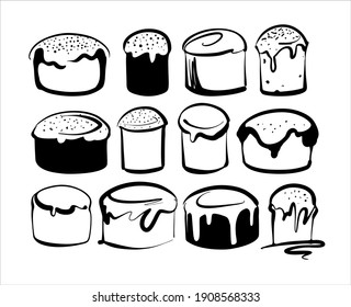 A set of Easter cakes drawn in different styles. Sketch black and white icons vector