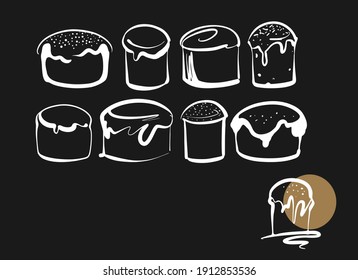 A set of Easter cakes drawn in different styles. Sketch white chalk on black background icons vector