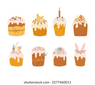 Set of Easter cakes in hand draw style. Cartoon vector illustration