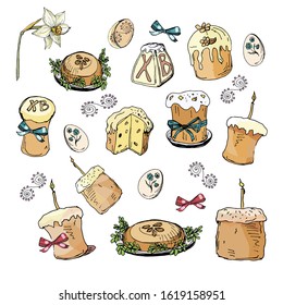 set of Easter cakes for the Easter holiday. Drawings, colored and isolated on a white background
