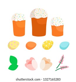 Set of Easter cakes painted eggs tulips leaves flowers spring