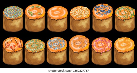 Set of Easter cakes with toppings. Traditional Easter holiday baked food. Vector Illustration