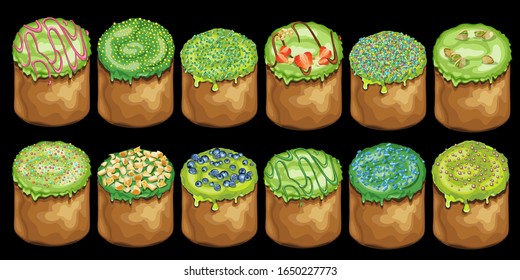 Set of Easter cakes with toppings. Traditional Easter holiday baked food. Vector Illustration