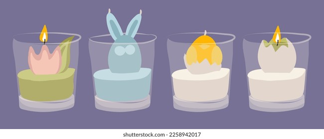 A set of Easter candles with colored elements inside a glass cup. A chicken, a flower, a hare, an egg made of candle wax in a transparent glass. easter candles. Use for banner flyers Illustration flat