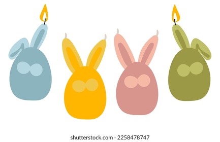 A set of Easter candles in the form of simplified rabbits, hares. Colored hares in the shape of an egg with wax candle ears with a wick. Easter candles. Use for banners of flyers. Illustration flat