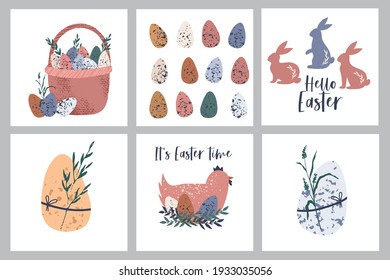 Set Easter card clip art elements - egg, bunny, flowers and branches. Rustic easter concept. Vector flat cartoon illustration. Perfect for poster, print, card, invitation, greeting, tag