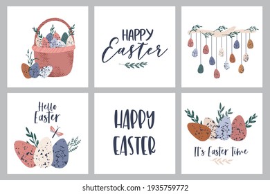 Set Easter card clip art elements - egg, bunny, flowers and branches. Rustic easter concept. Vector flat cartoon illustration. Perfect for poster, print, card, invitation, greeting, tag