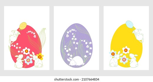 Set of Easter card with cute bunnies, flowers and place for text .Festive ornament concept. Poster, invite. Vector layout decorative card,  design background. Three different options.