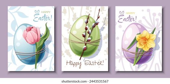 Set of Easter card with an egg and a pussy willow, daffodil and tulip. Banner, poster for the spring holiday. Happy Easter!