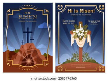 Set Easter card, template for holiday decoration for Christian community. Christian cross of Calvary in vintage golden frame and text. Vector illustration