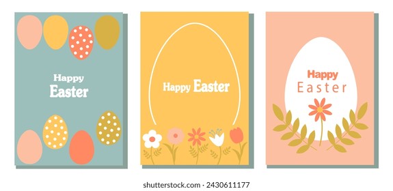 Juego de tarjetas de Pascua. Huevos abstractos, flores de primavera y decoraciones. Para póster, postal, scrapbooking, pegatinas. Vector.