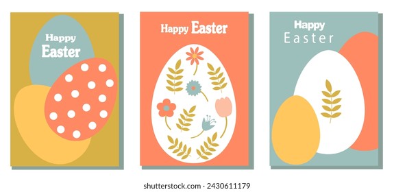 Juego de tarjetas de Pascua. Huevos abstractos, flores de primavera y decoraciones. Para póster, postal, scrapbooking, pegatinas. Vector.