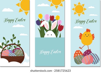 Set of Easter cards. Basket with colorful eggs. Easter bunny and bouquet of tulips. Easter painted eggs and chick. Blue background with clouds and sun. Vector illustration