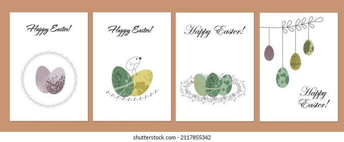 Set of Easter cards. Beautiful easter eggs,nest,bird,sprig. Vector illustration. Excellent for poster,poster, postcard,tag invitation, greeting.
